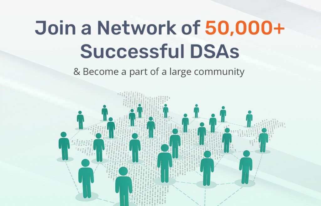 Banner showing a network of people icons spread across an India map, highlighting the message ‘Join a Network of 50,000+ Successful DSAs’ and encouraging users to become part of a large DSA community.