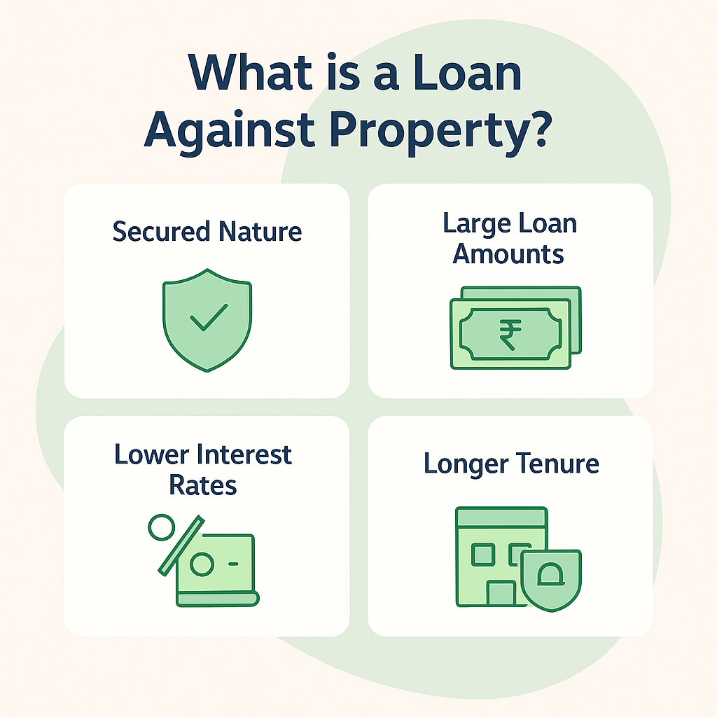 Illustration describing loan against property features including secured borrowing backed by property, ability to access larger loan amounts, comparatively lower interest rates, and long-term repayment tenure.