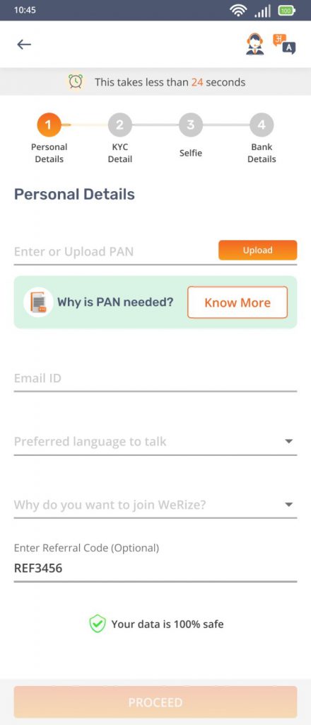 Illustration of the WeRize app’s Step 4: Fill in Your Basic Personal Details, featuring a progress bar and fields for PAN upload, email ID, preferred language, reason for joining, and an optional referral code, with a note indicating data safety.