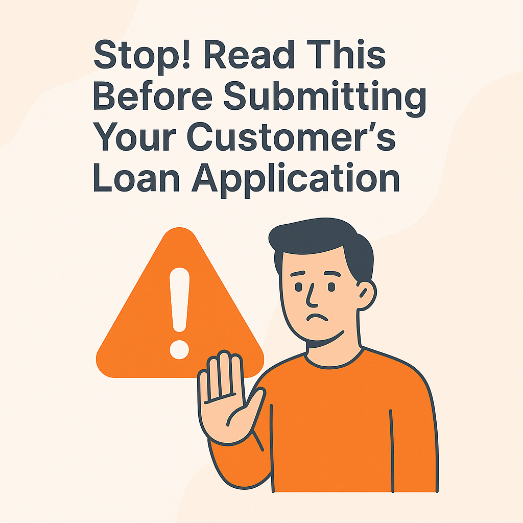 Graphic featuring a warning sign and a person signaling stop, with a message advising DSAs to check important details before submitting a customer’s loan application.