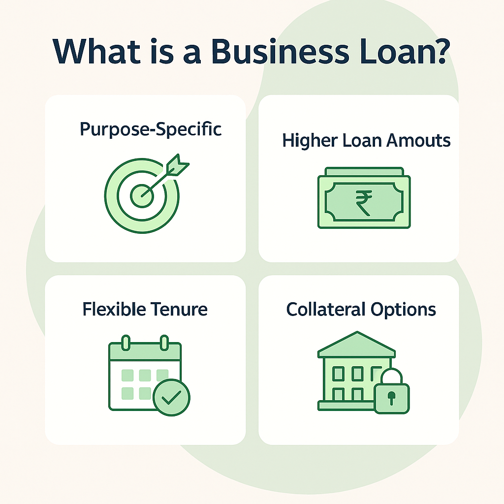 Illustration highlighting the advantages of business loans: loans designed for specific business purposes, access to higher loan amounts, flexibility in repayment duration, and availability of collateral-based borrowing.